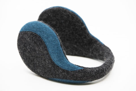 2. Studio image of HERTTA felted wool earmuffs in dark grey and aquamarine, side view