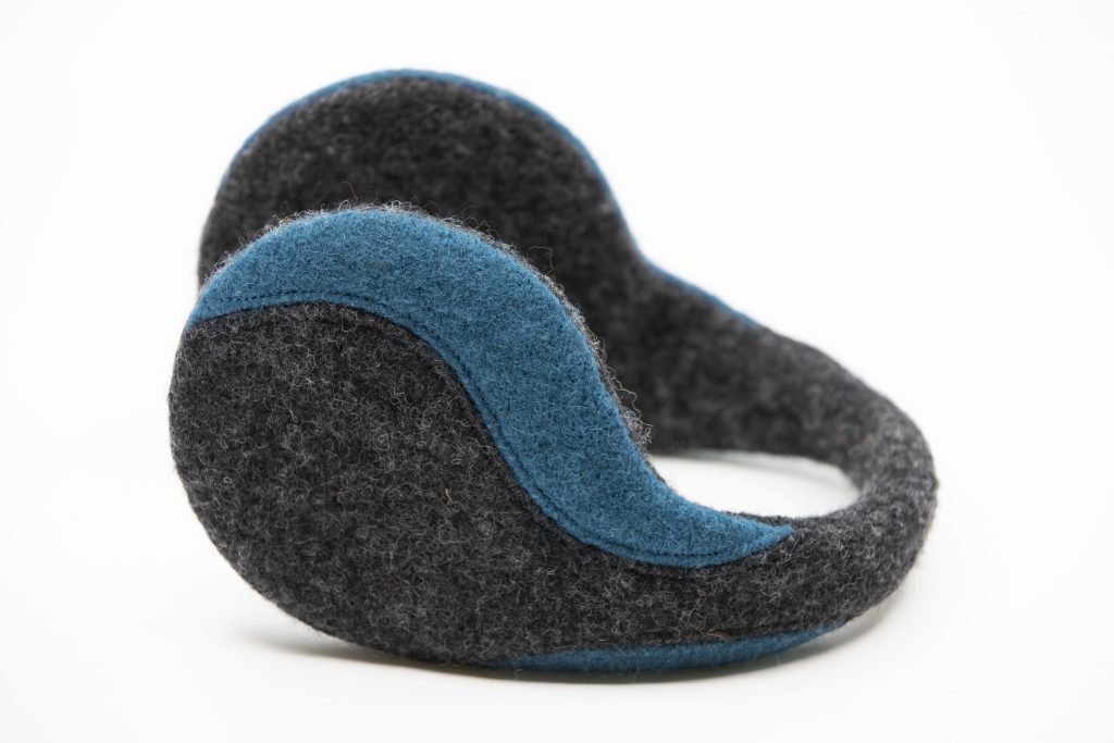 3. Studio image of HERTTA felted wool earmuffs in dark grey and aquamarine, front view