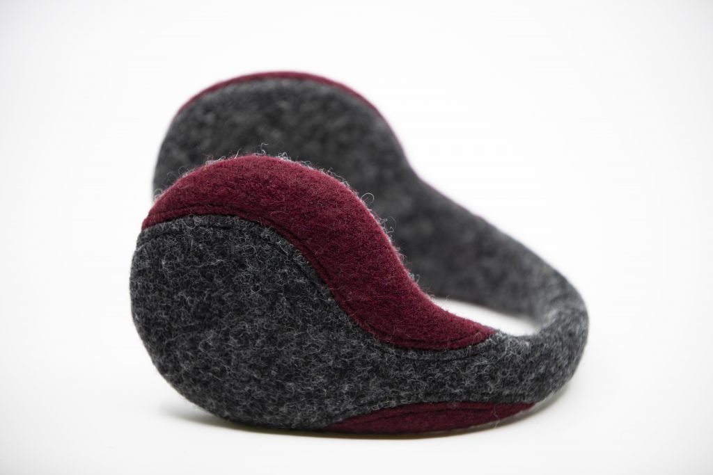 1. HERTTA felted wool earmuffs in dark grey and bordeaux, showcasing lightweight design and 3D-printed PLA frame