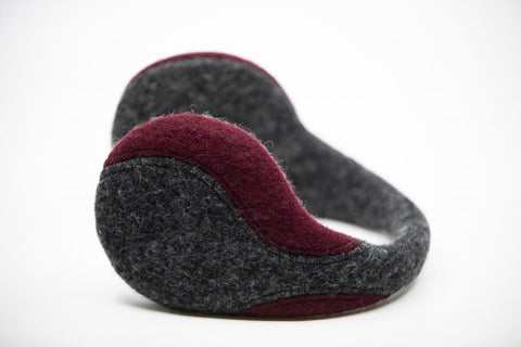 1. HERTTA felted wool earmuffs in dark grey and bordeaux, showcasing lightweight design and 3D-printed PLA frame