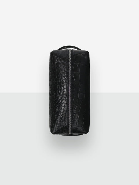 1. Black Croco VESUVIUS cosmetic bag by Lava flow, side view showing zippered closure and croc-embossed leather texture