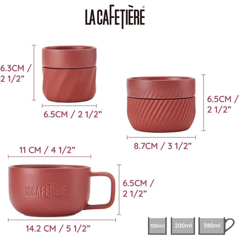 5. Size chart for La Cafetière red coffee mugs showing dimensions in centimeters and inches