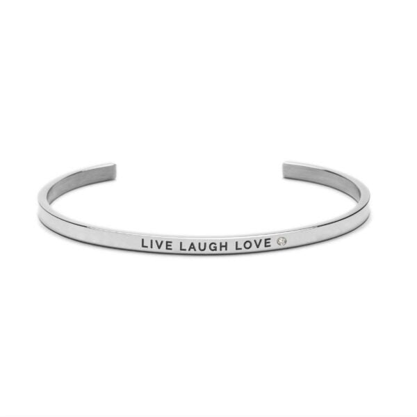 3. Studio image of Olla's Live Laugh Love bracelet in silver, featuring engraved message
