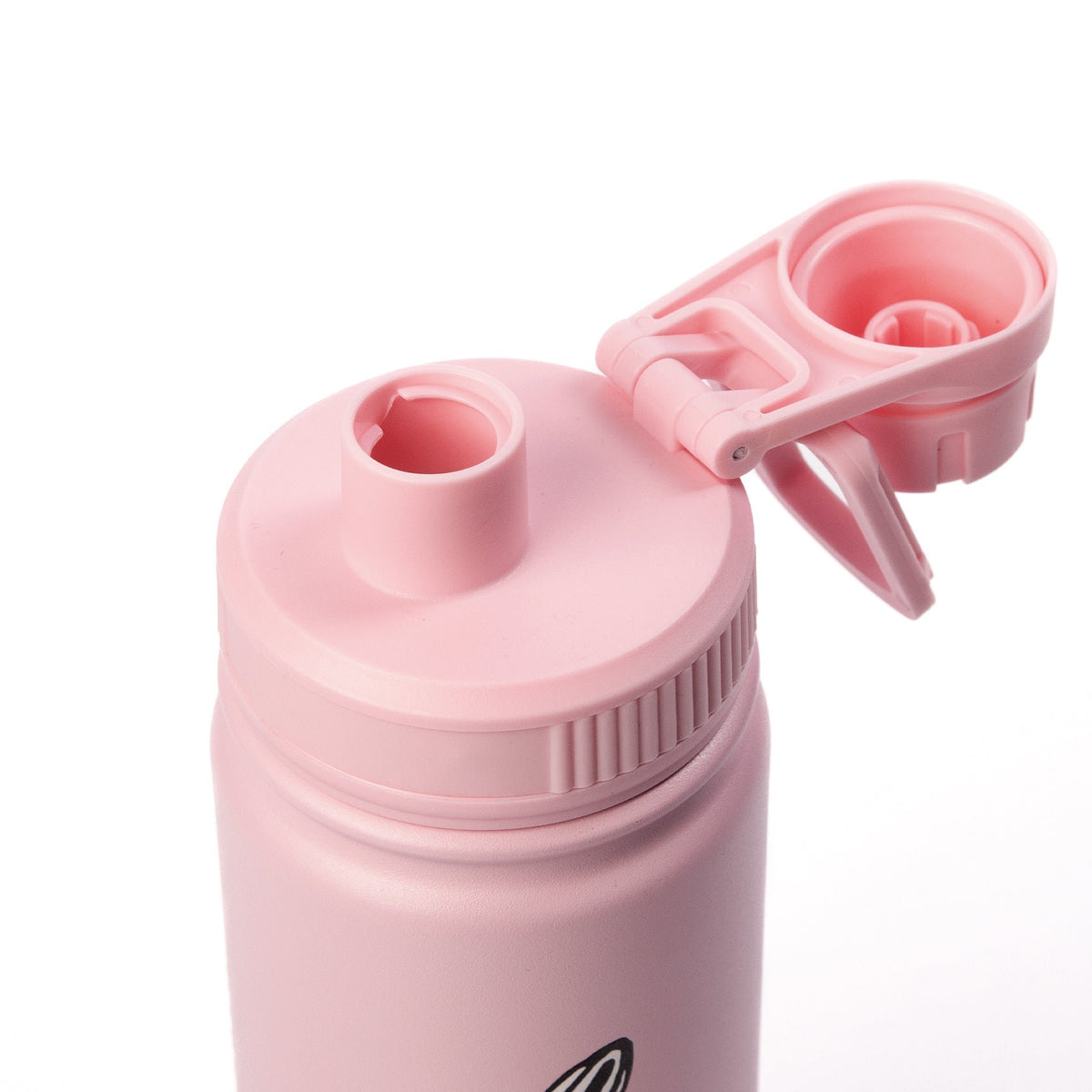 7. Close-up of Little My Thermal Everyday Bottle by Moomin in pink, showing open lid and drinking spout