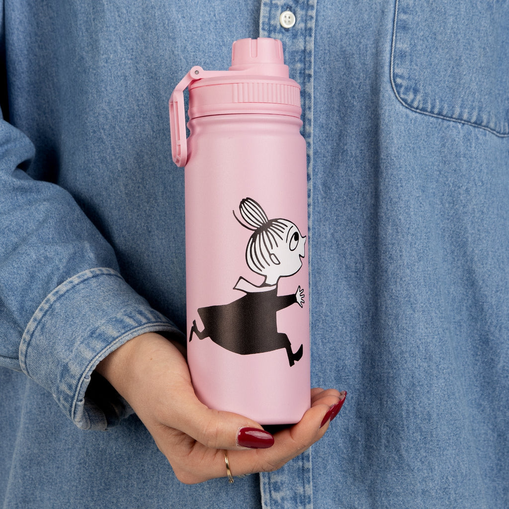 1. Little My Thermal Everyday Bottle by Moomin in pink, held by a person in denim, showcasing its portable design