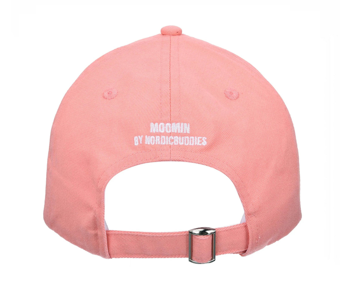 5. Back view of pink Little My cap by Moomin, showing adjustable strap and branding