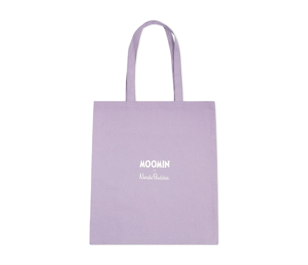 2. Back view of lilac Little My Tote Bag with Moomin by NordicBuddies branding, made of heavy cotton