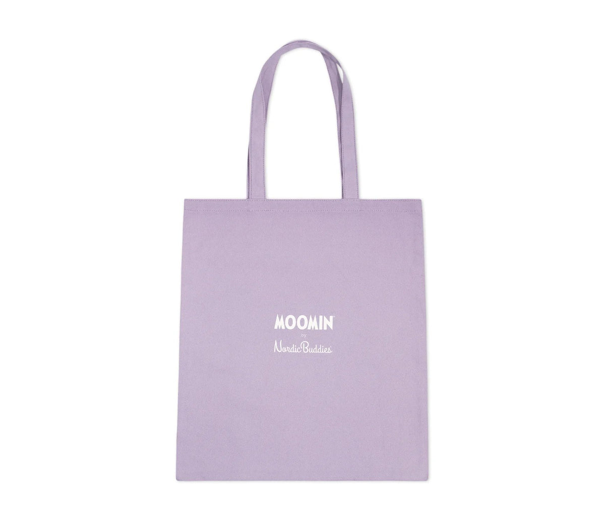 2. Back view of lilac Little My Tote Bag with Moomin by NordicBuddies branding, made of heavy cotton