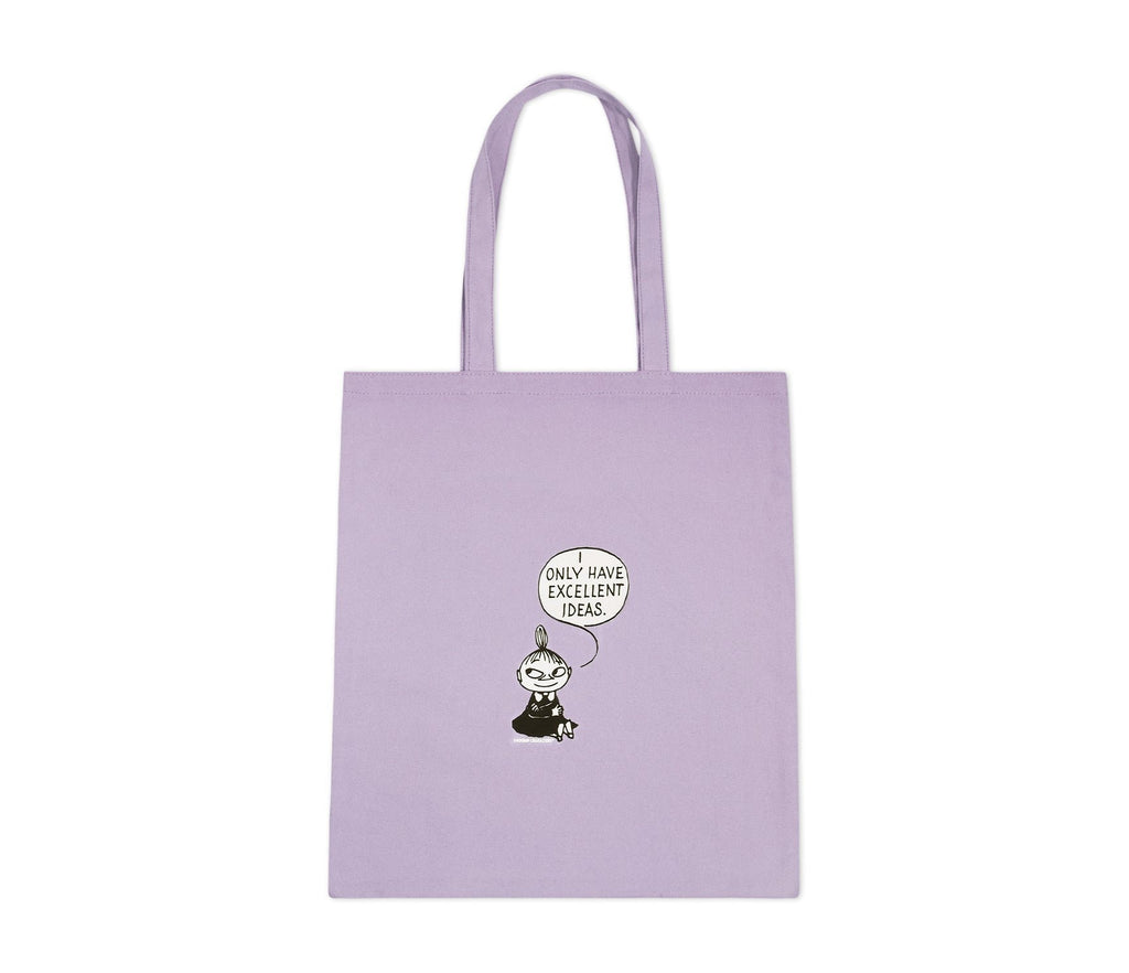 1. Little My Tote Bag in lilac with 'Only Have Excellent Ideas' text, featuring Moomin character, made of heavy cotton