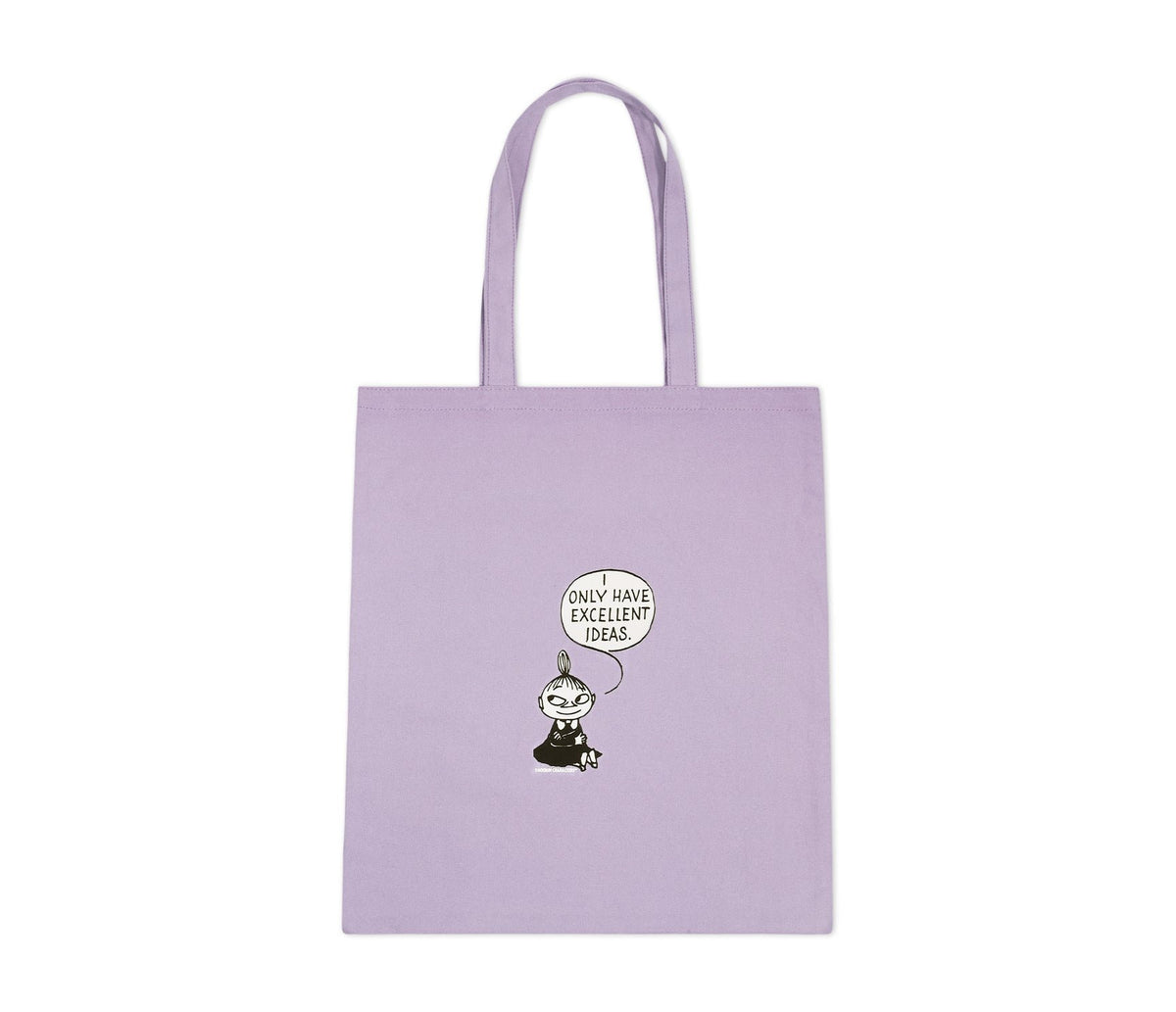 1. Little My Tote Bag in lilac with 'Only Have Excellent Ideas' text, featuring Moomin character, made of heavy cotton