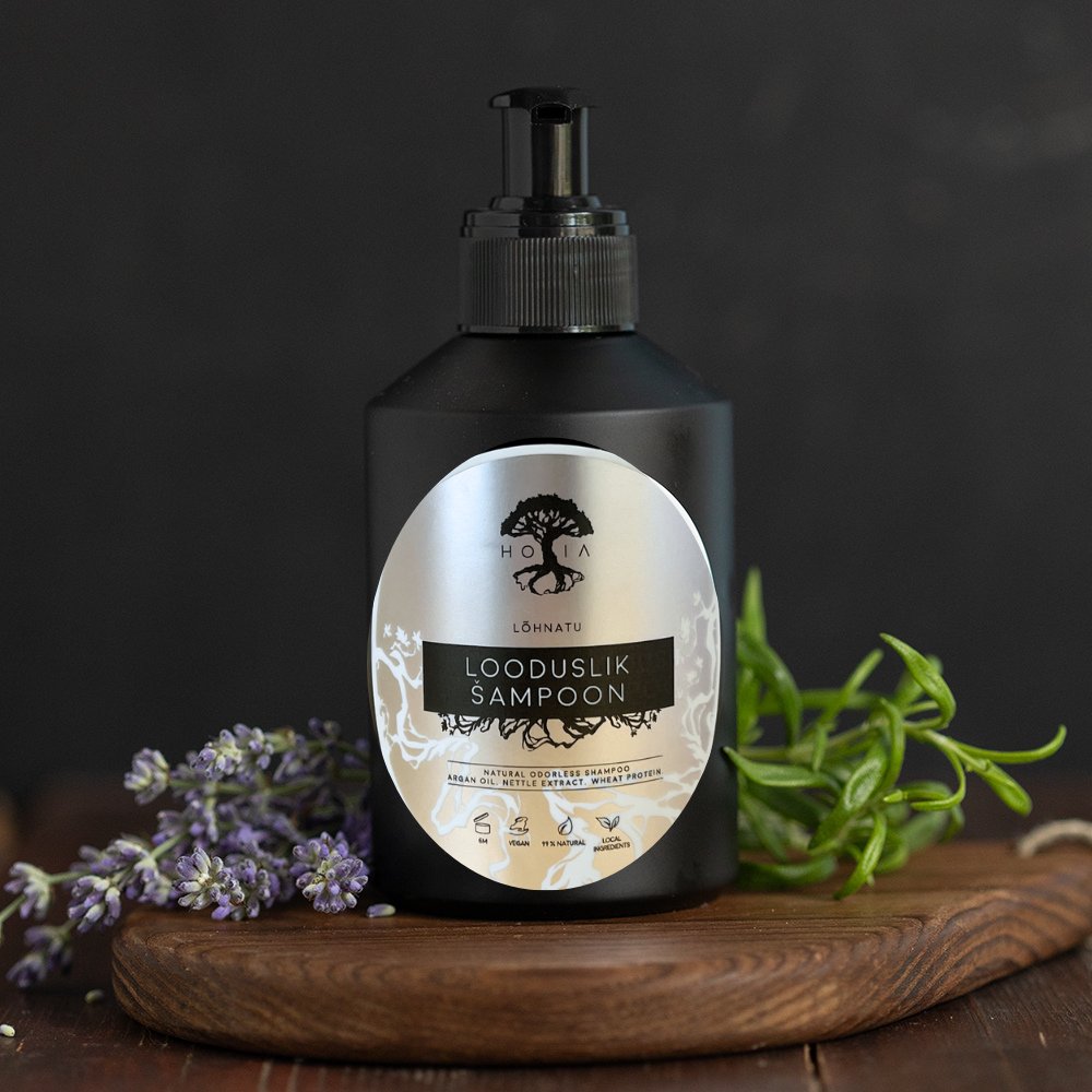 1. HOIA homespa Natural Odorless Shampoo 200ml bottle with aloe, wheat protein, and argan oil, shown on a wooden board with lavender and greenery