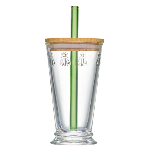 2. Transparent La Rochère Bee Smoothie Glass with bamboo lid and green glass straw, featuring embossed bee design, shown in studio setting