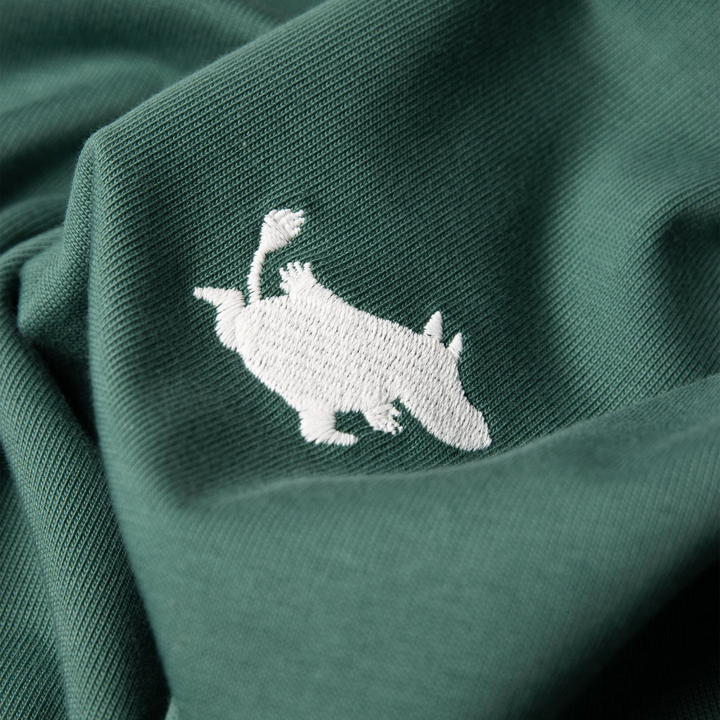 8. Close-up of embroidered white Moomin logo on green cotton fabric