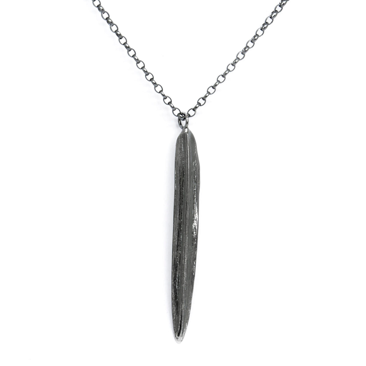 4. Agnes Veski Jewellery SRPING Leaf Necklace in oxide plating, featuring a 4.5 cm pendant on a 50 cm chain, studio shot