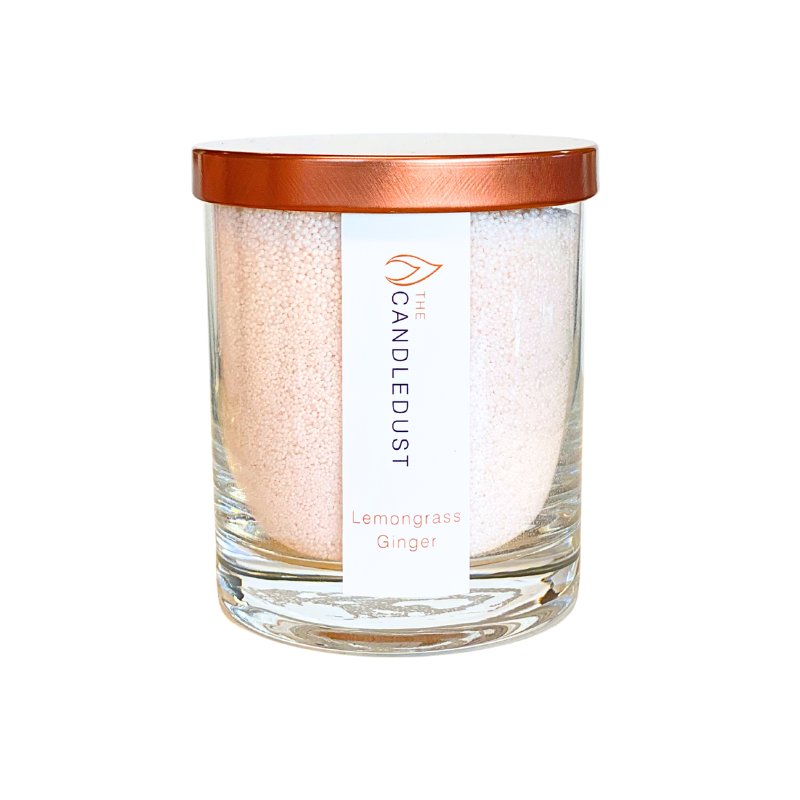 1. Candledust Lemongrass Ginger powdered candle in glass with rose gold lid, studio shot
