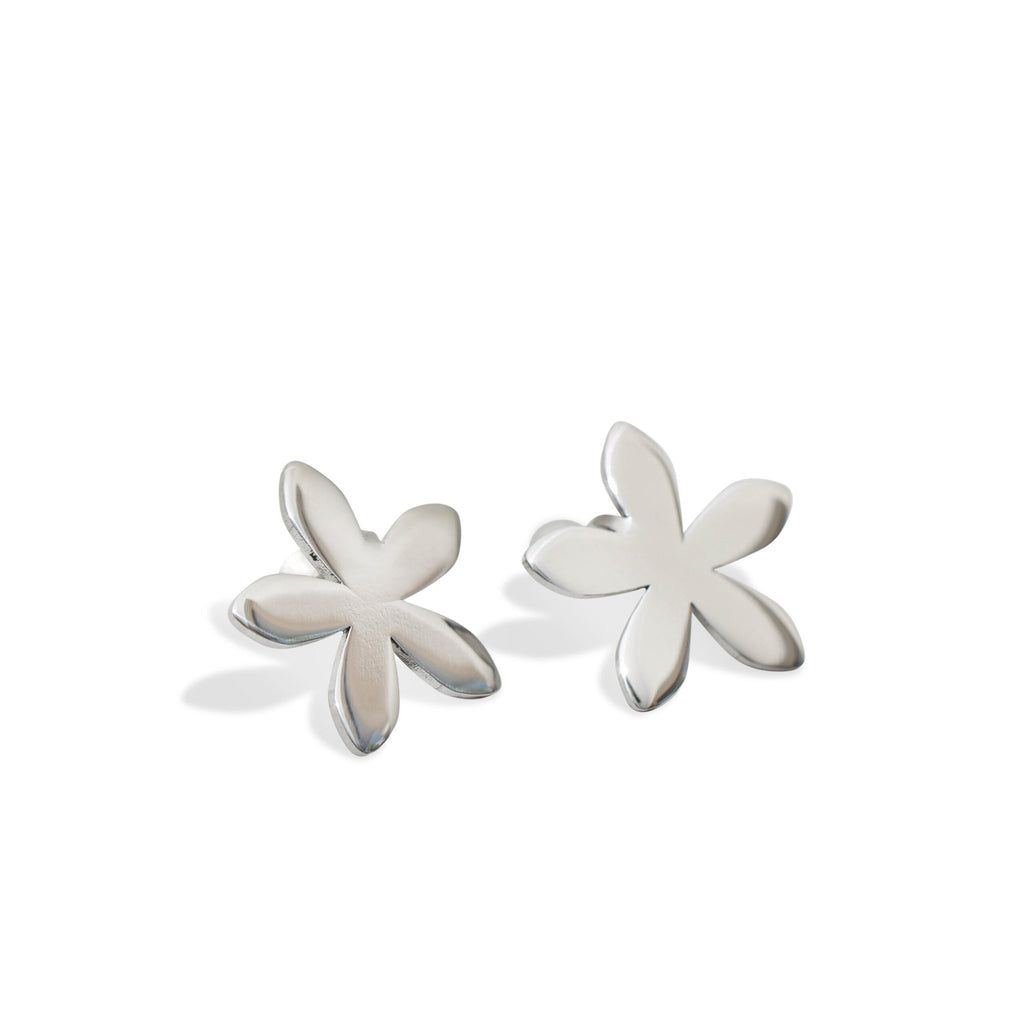 4. Studio image of Lentsius Lilac Upcycled Earrings, crafted from upcycled stainless steel with flower design