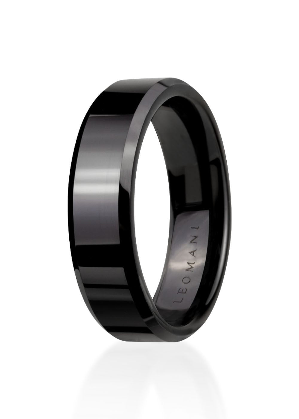 2. Men's black ceramic ring by Leomani shown in studio with polished finish and engraved logo inside