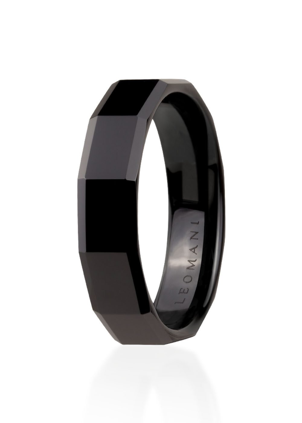 2. Men's black ceramic ring by Leomani with faceted design on white background