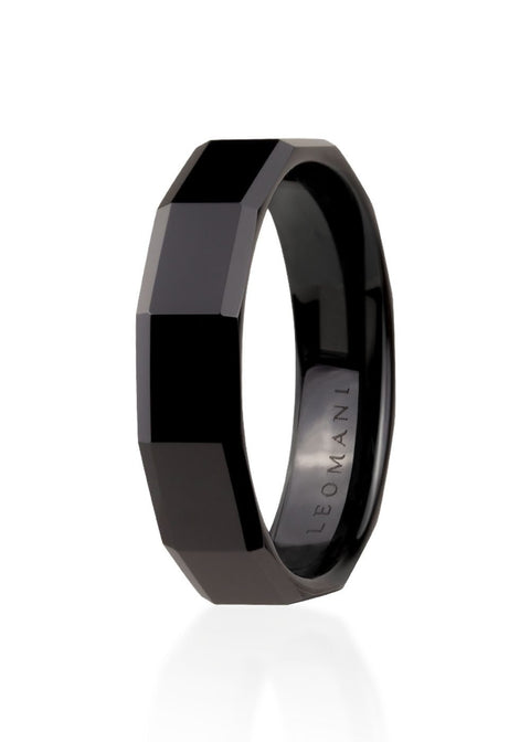 2. Men's black ceramic ring by Leomani with faceted design on white background