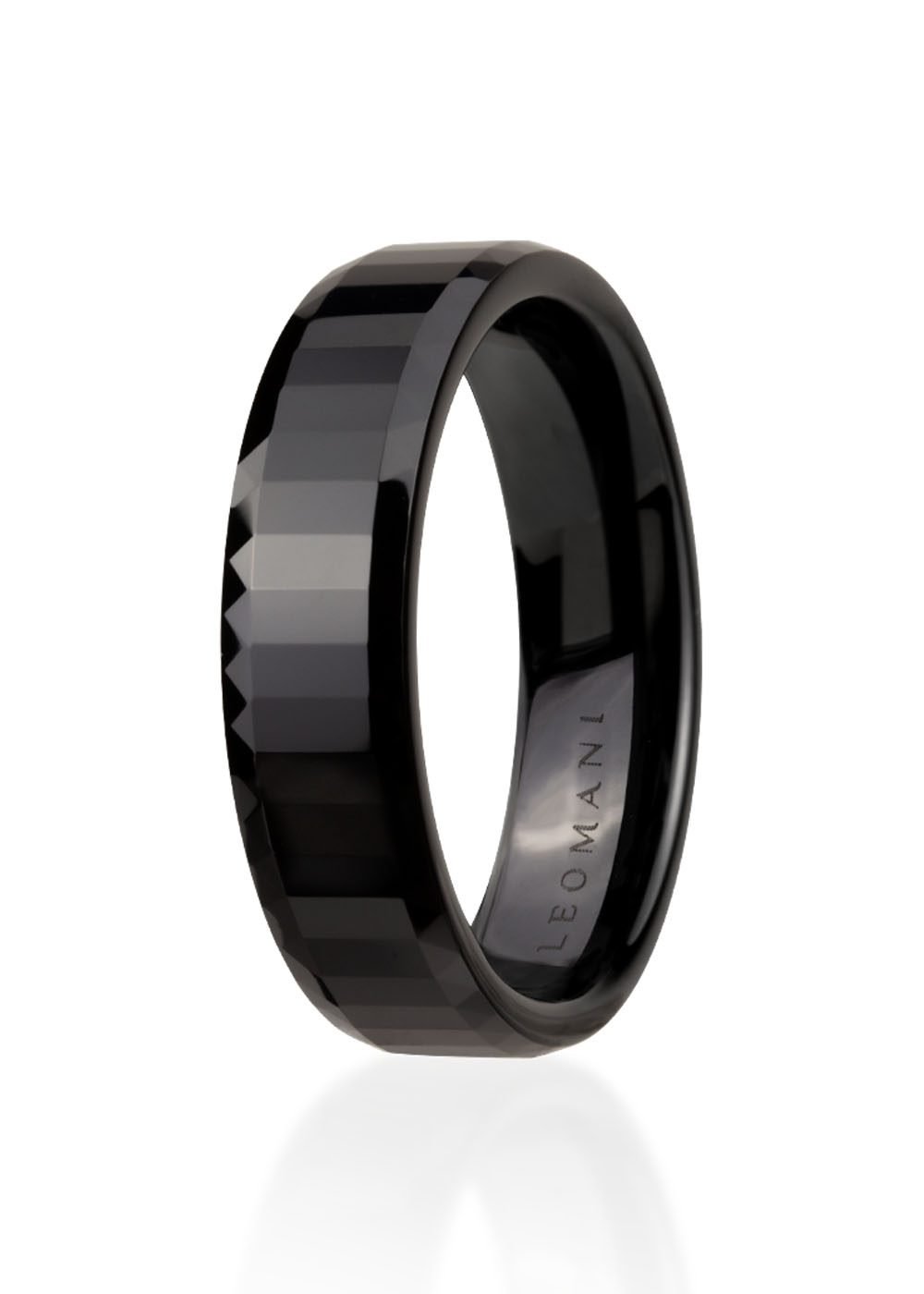 2. Men's black ceramic ring by Leomani with faceted design on white background