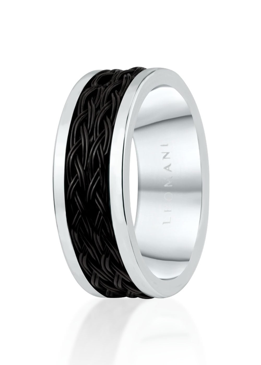 2. Men's stainless steel ring with black woven design by Leomani on white background