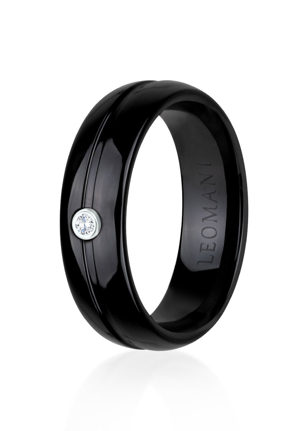2. Men's ring by Leomani in black high-quality ceramics with rhodium plated 925 sterling silver and white zircon stone, shown in studio setting highlighting modern design and durability