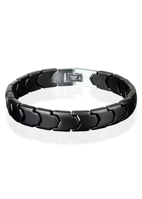 2. Men's black ceramic bracelet with stainless steel clasp shown on white background highlighting matte finish and link design