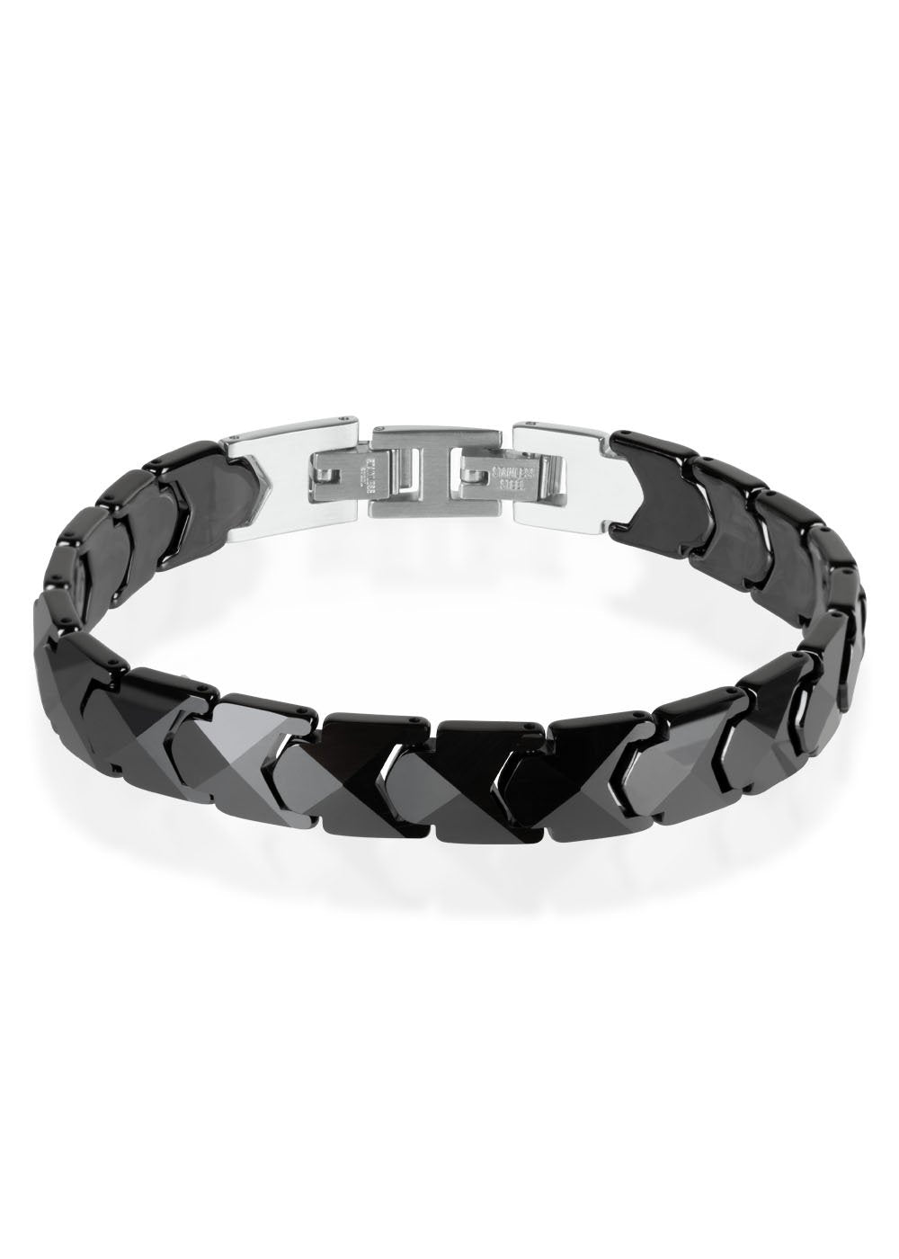 2. Men's black ceramic bracelet by Leomani with stainless steel clasp, shown in studio lighting highlighting the sleek design and adjustable length