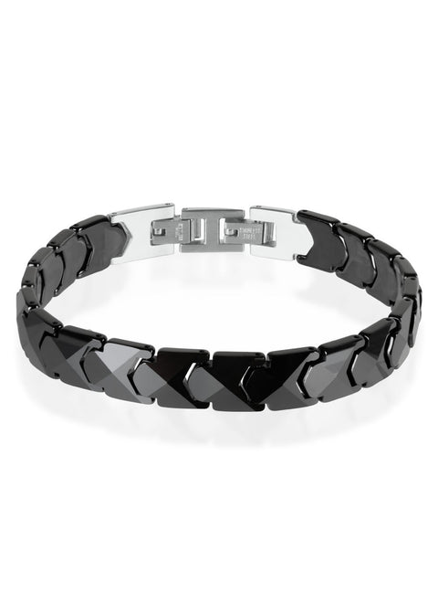 2. Men's black ceramic bracelet by Leomani with stainless steel clasp, shown in studio lighting highlighting the sleek design and adjustable length