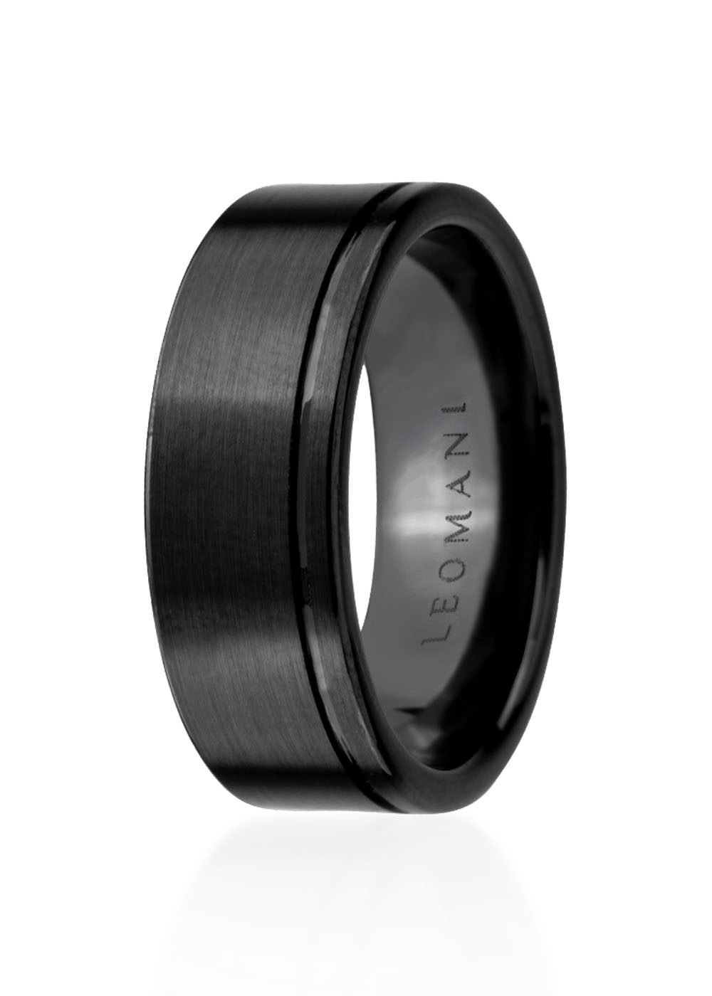 2. Leomani men's black ceramic ring Lion with engraved logo, studio shot highlighting sleek design