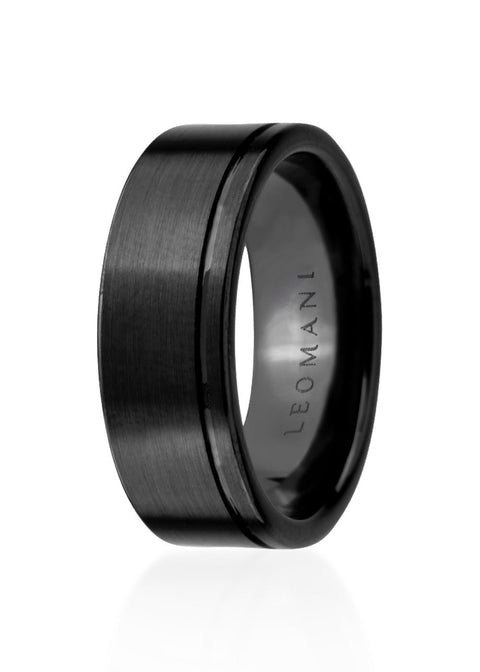 2. Leomani men's black ceramic ring Lion with engraved logo, studio shot highlighting sleek design