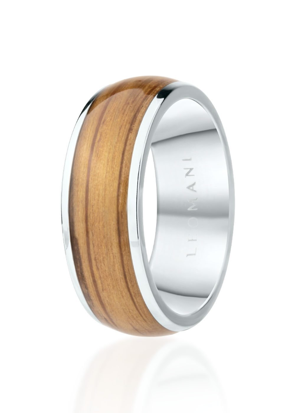 2. Men's ring with stainless steel and natural veneer finish shown in studio lighting highlighting its polished surface