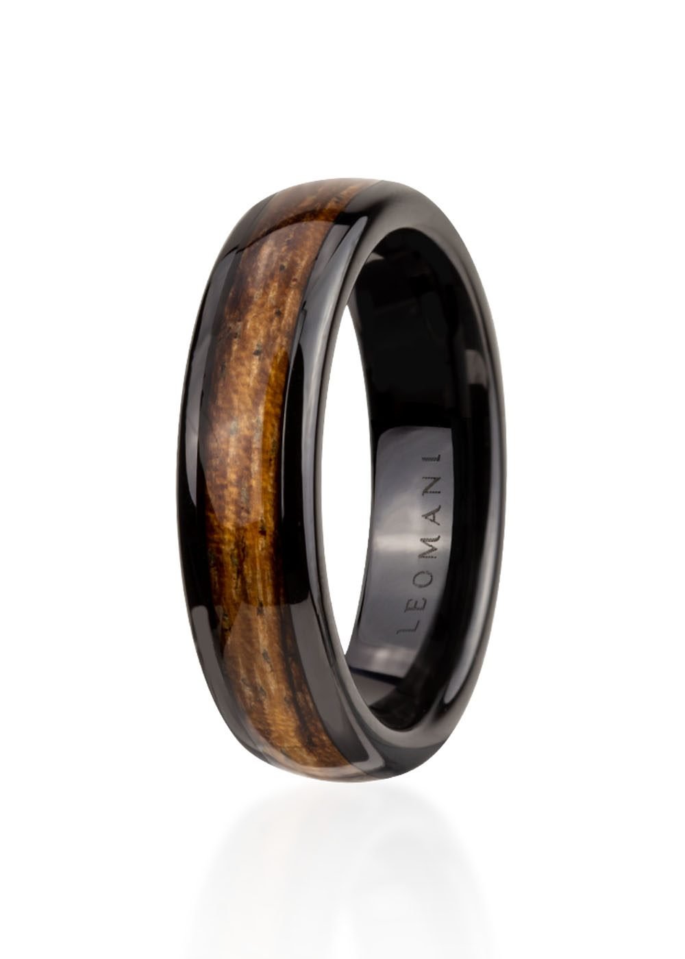 2. Leomani men's Kahoy ring in black ceramic with natural veneer detail, studio shot highlighting sleek design