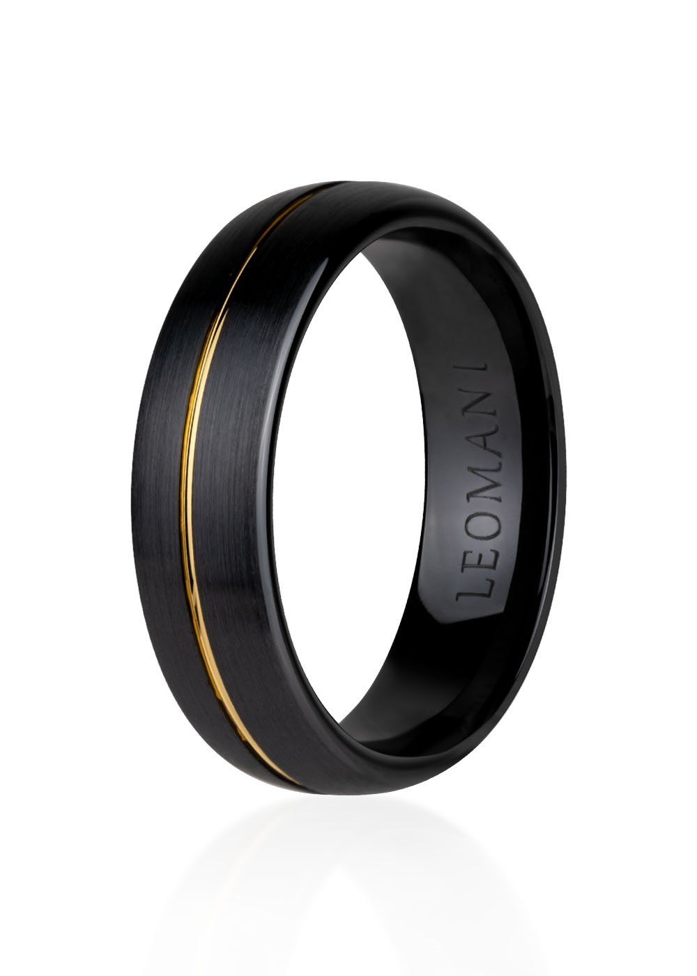 2. Men's black ceramic ring with natural wood inlay by Leomani, featuring a sleek modern design on a white background