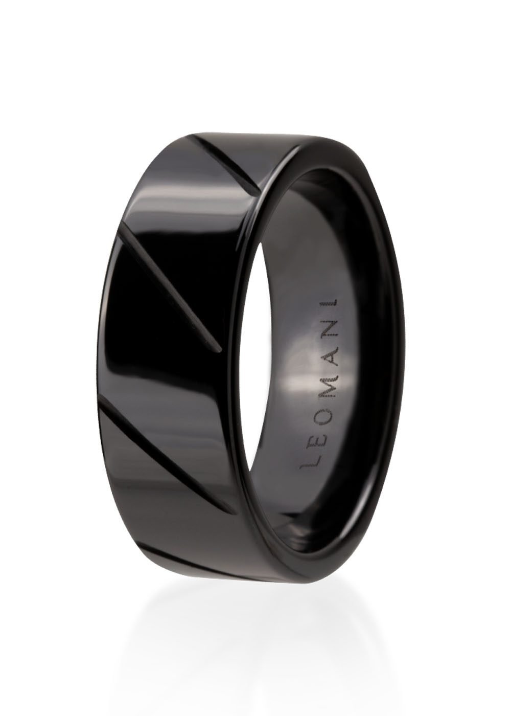 2. Black ceramic men's ring by Leomani with engraved logo, shown on a white background highlighting its modern design
