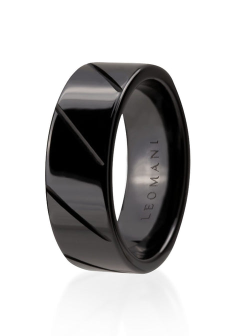 2. Black ceramic men's ring by Leomani with engraved logo, shown on a white background highlighting its modern design