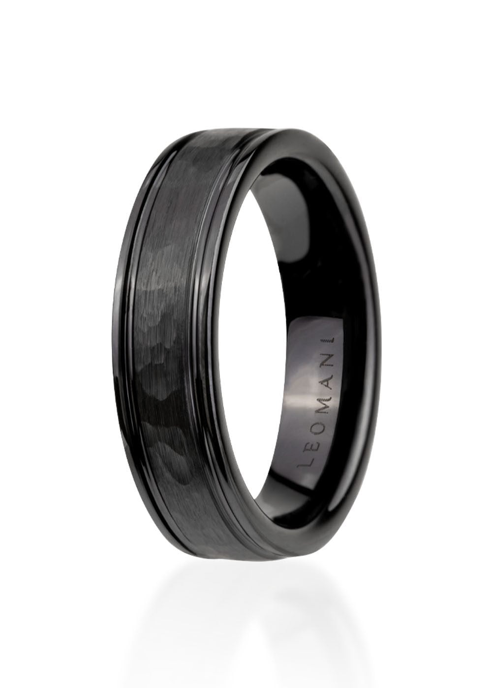 2. Black ceramic men's ring by Leomani with a textured finish, shown in studio lighting