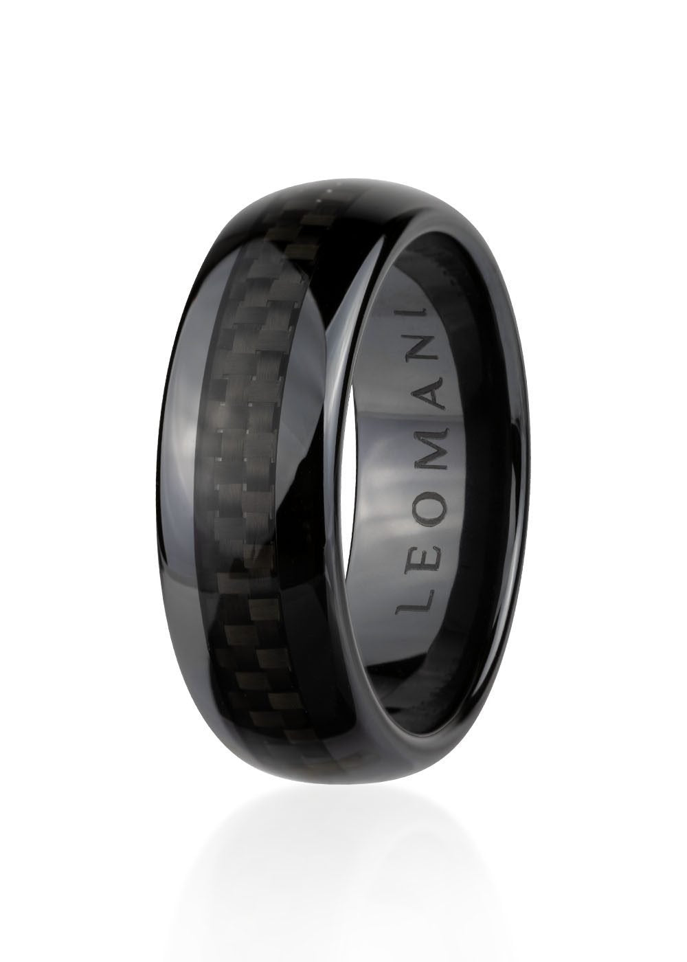 2. Men's black ceramic ring by Leomani featuring a sleek modern design with a glossy finish and subtle carbon fiber pattern, shown in studio lighting highlighting its elegant craftsmanship.