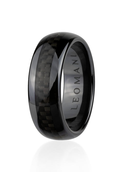2. Men's black ceramic ring by Leomani featuring a sleek modern design with a glossy finish and subtle carbon fiber pattern, shown in studio lighting highlighting its elegant craftsmanship.