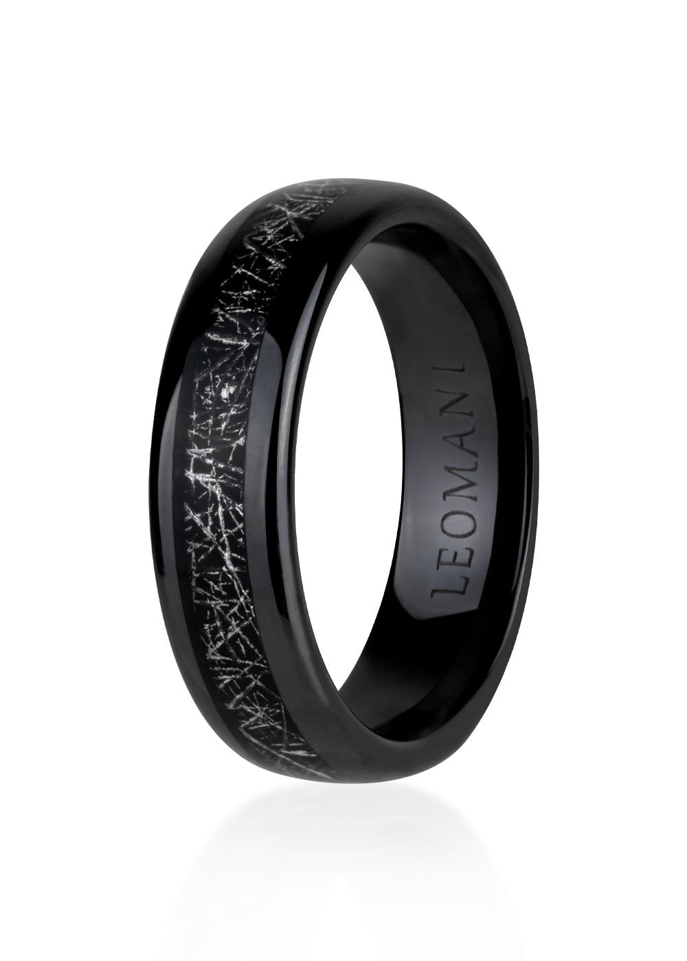 2. Men's black ceramic ring by Leomani featuring intricate silver pattern on band, shown in studio lighting highlighting glossy finish and brand engraving inside