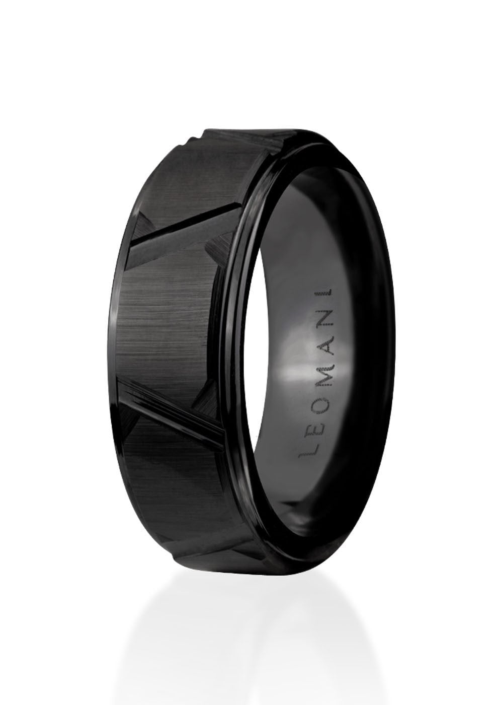 3. Studio shot of Leomani men's black ceramic ring Tau with engraved logo, showing textured design