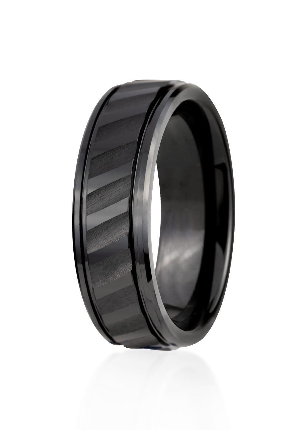 2. Men's black ceramic ring by Leomani with modern design and textured band, shown in studio lighting highlighting its sleek and durable finish