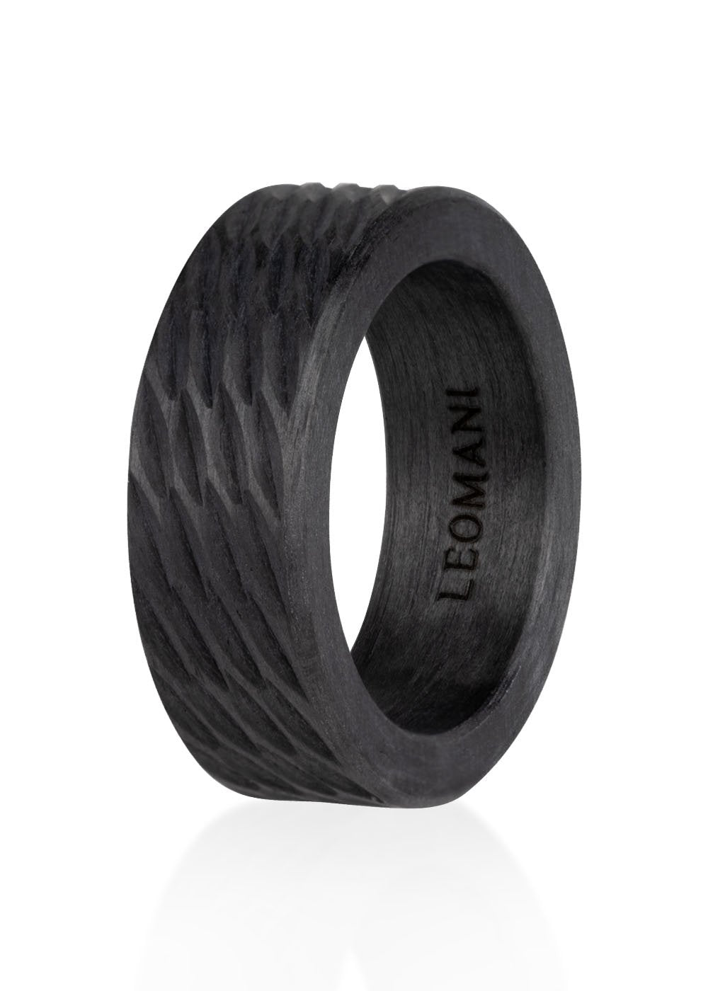 2. Men's carbon fiber ring by Leomani with textured design, shown in studio lighting highlighting its modern and durable style