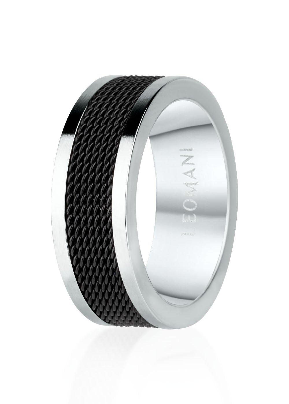 2. Men's Leomani ring in stainless steel and black ceramic with textured band, shown in studio lighting highlighting modern design and engraved brand name