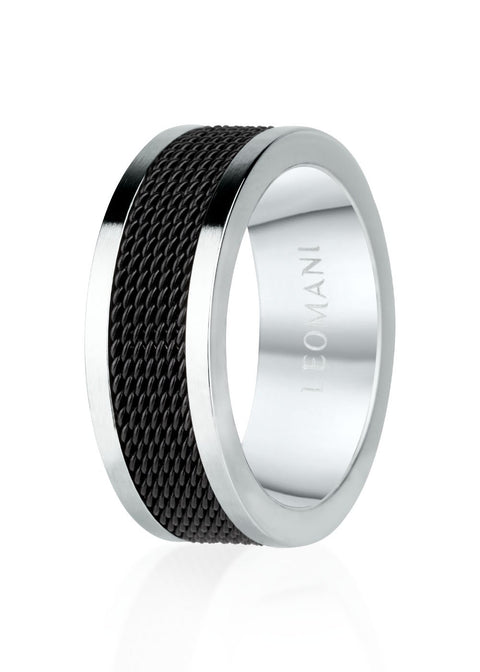 2. Men's Leomani ring in stainless steel and black ceramic with textured band, shown in studio lighting highlighting modern design and engraved brand name