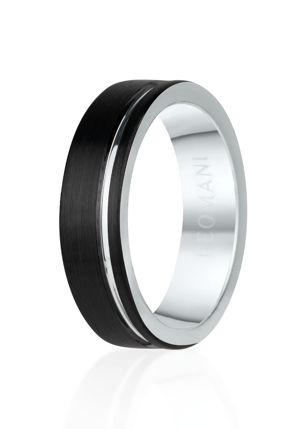 2. Men's volfram ring by Leomani featuring a sleek black and silver design with engraved brand name, shown in studio lighting highlighting its modern and durable construction