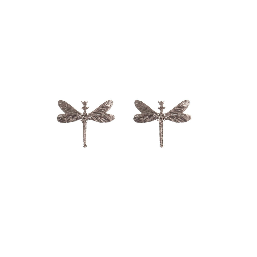 2. Pair of silver dragonfly earrings on a white background showcasing intricate wing and body details