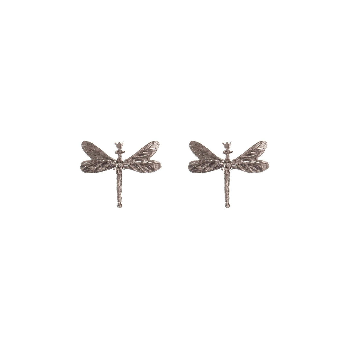2. Pair of silver dragonfly earrings on a white background showcasing intricate wing and body details