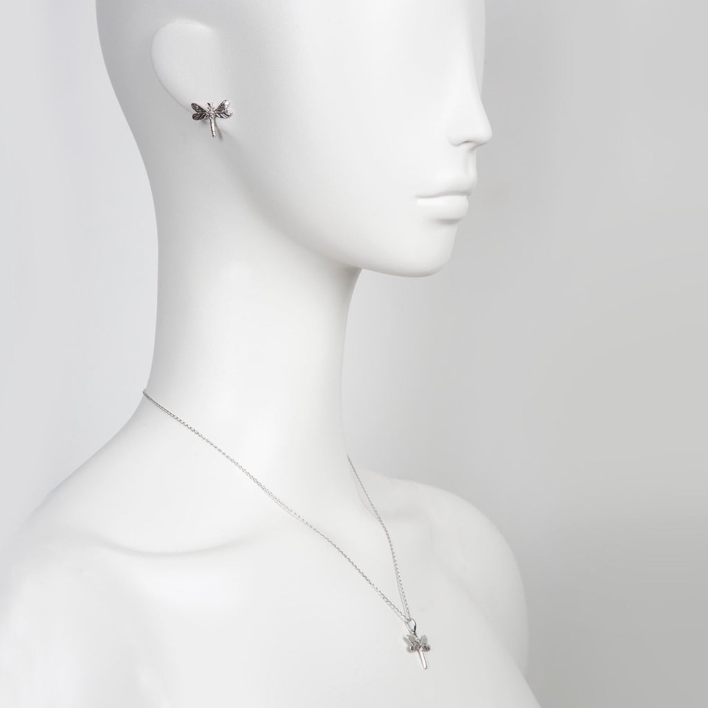 1. Mannequin wearing silver dragonfly pendant necklace and matching earring, highlighting elegant design and craftsmanship