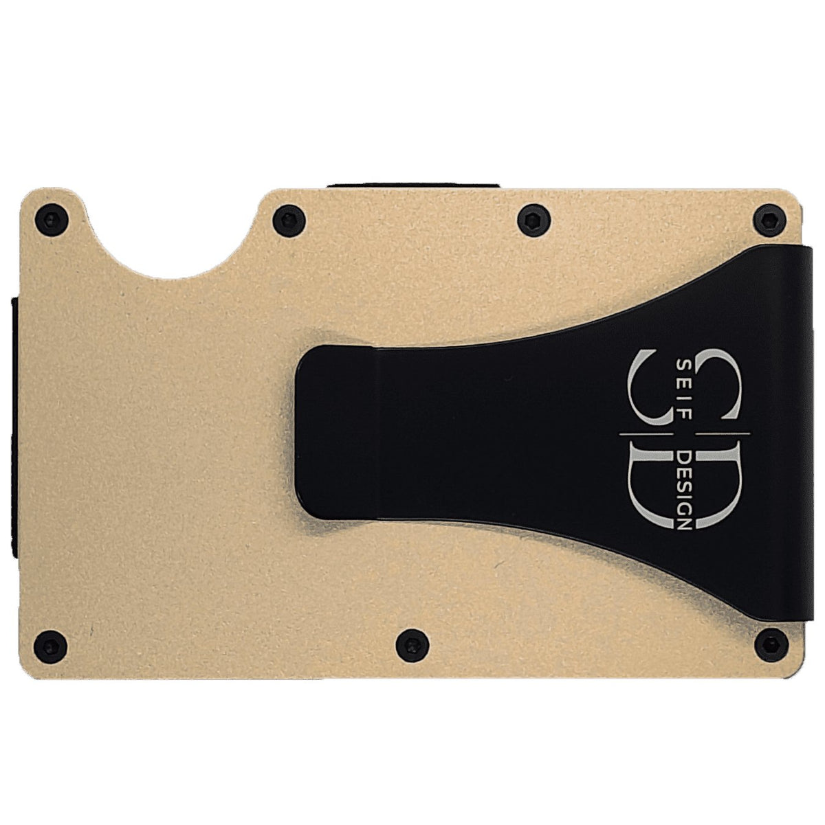 1. Gold Seif Design card holder with black clip and logo, made from durable aluminum, shown on a black background